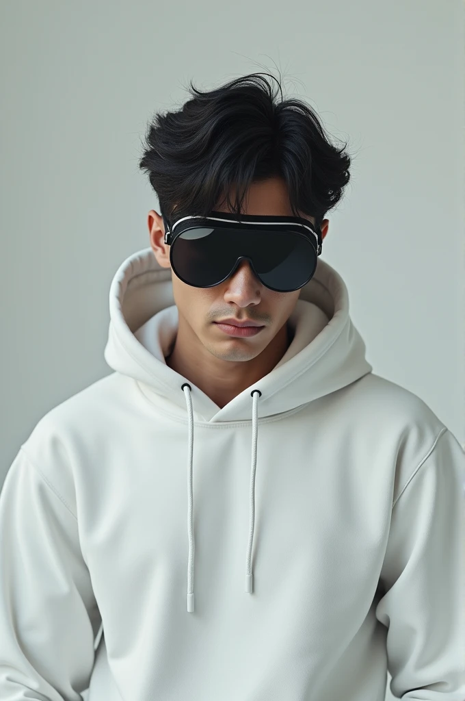 Generate a image where a 22 year boy is wearing white long hoodie and hoodies cap is on his head and boy is looking down wear black aviator goggles