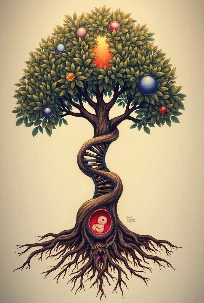 Detailed Tattoo Design Description:
- Roots: The roots of the tree should be represented as a double helix of DNA. At the ends of these roots, each tip should have the shape of sperm cells, symbolizing the sperm's journey to fertilization.
- Trunk:
- At the base of the trunk, there should be an egg in metaphase 2.
- Just above it, depict the fertilized egg.
- Further up the trunk, represent embryonic cleavage on Day 2, showing 4 cells.
- Above that, depict cleavage on Day 3 with 8 cells.
- Further up, represent a Morula.
- At the top of the trunk, there should be a Blastocyst.
- Foliage: The leaves of the tree should represent a placenta, with a developing baby inside, symbolizing the growth of life.
- Overall Style: The tattoo should have a biological and naturalistic style, with details that show the process of life development from conception to the fetal stage, all integrated into the tree’s structure.