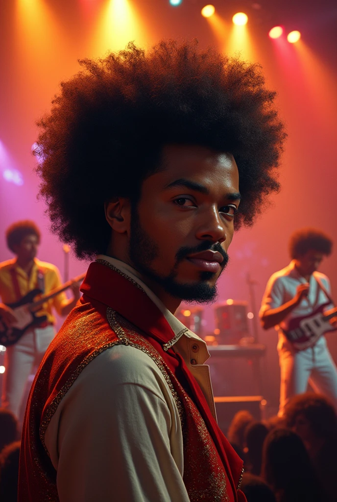 Realistic Michael Jackson style afro man in the background of a Lionel Ritchie style funk band 1985