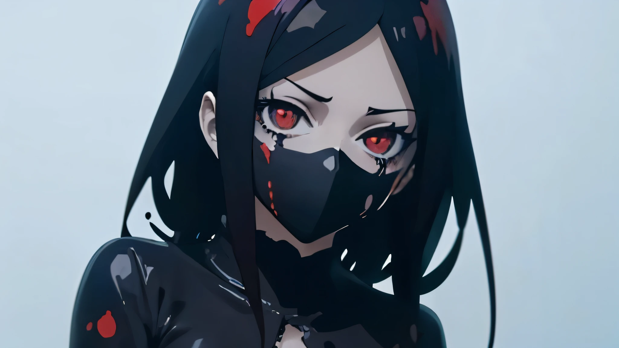  simple background, monochrome, horror (theme) there is a broken picture, black paint splatted, red blood splatted, smoked, red blood  (((anime girl character))), big boobies, wearing a mask