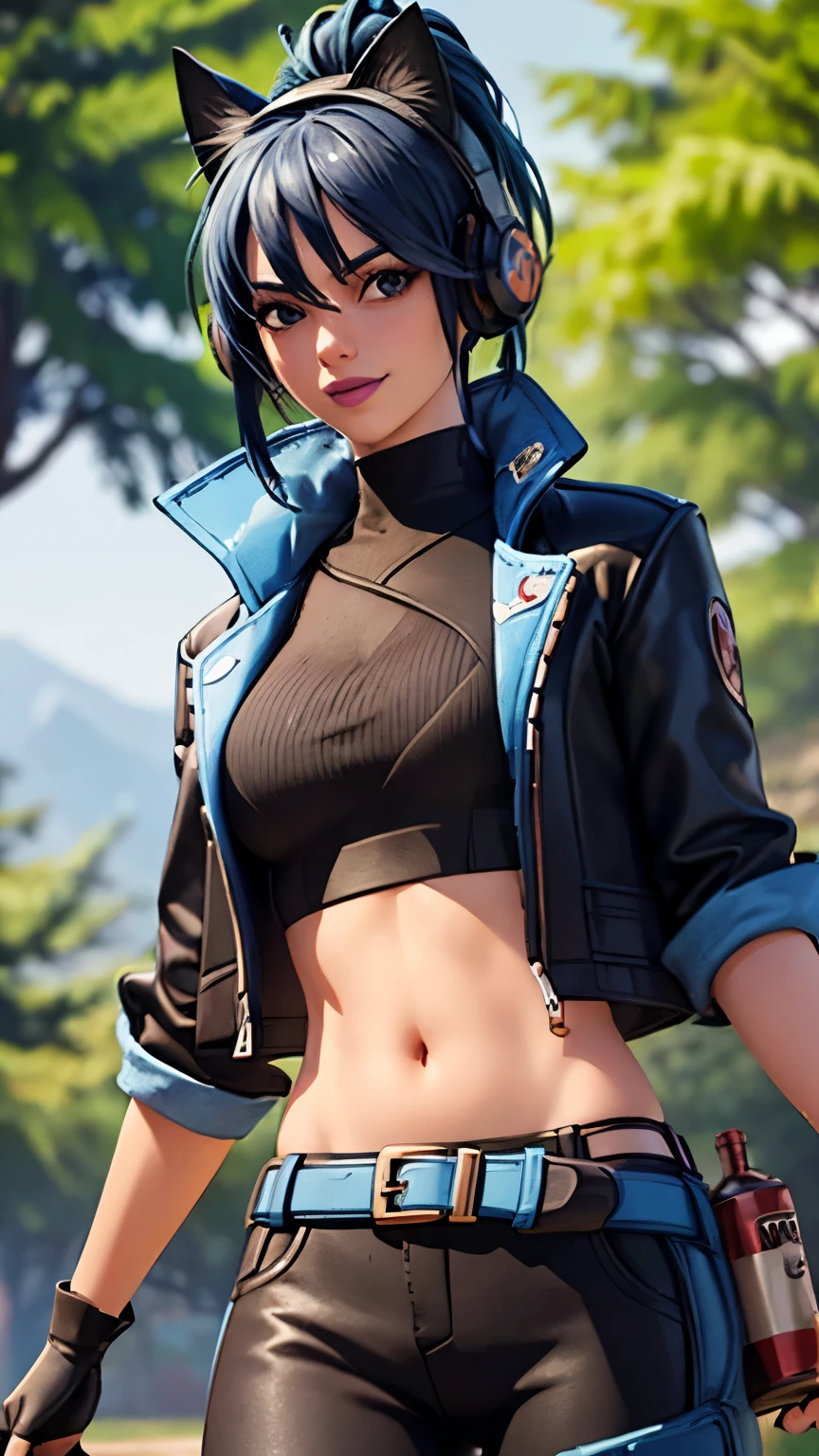 Forest background, 1girl, solo, HeroicHopeFN, Heroic Hope from fortnite, (crop top, black top, open clothes), (jacket crop top, black jacket, blue loose, jacket loose), fingerless gloves, black pants, blue belt, blue hair, ponytail, blue eyes, headphones, cat ears headphones, holster, holster spray cans, purple lips, lipsticks, smirk, looking at viewer,