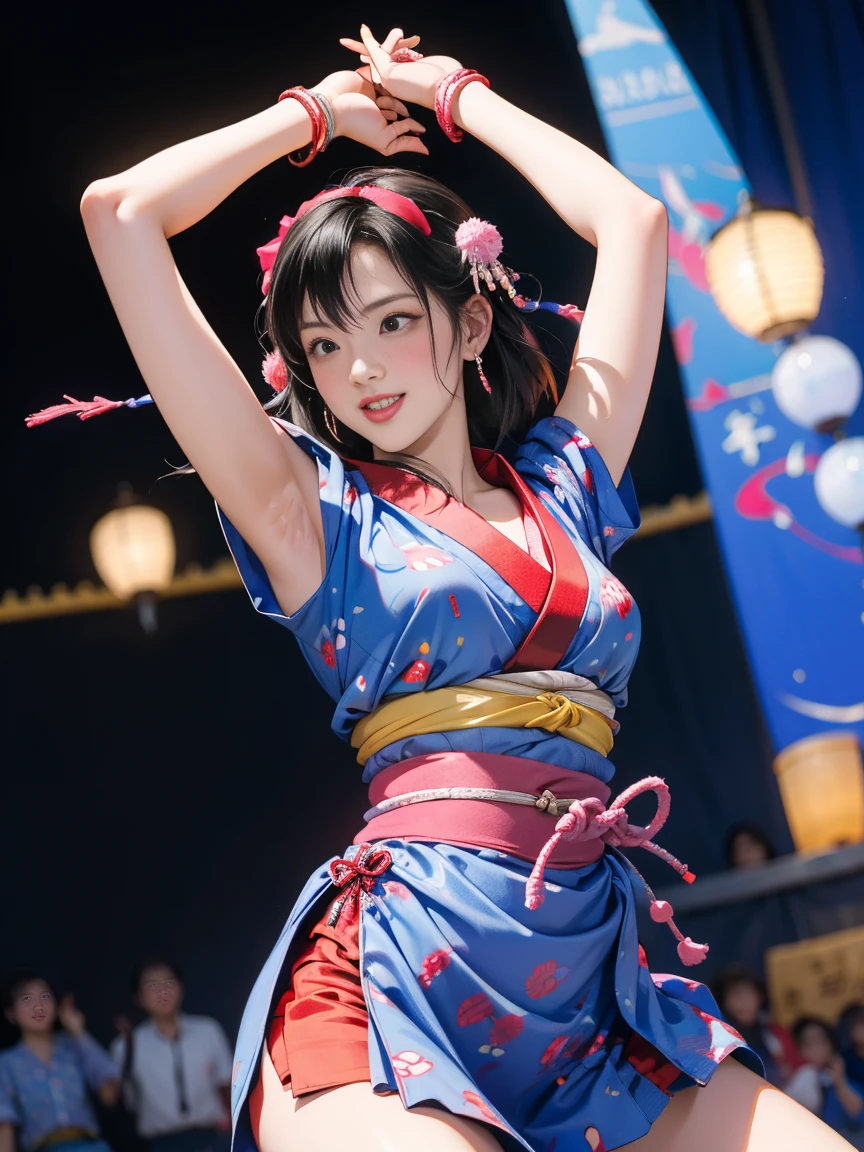 Highest quality、High resolution、Detailed Background、Teenage beauty、Detailed face、Anatomically correct、(Normal number of fingers:1.2)、(Huge breasts:1.2)、cute hair color、Bun Hair、Perfect body line、(Lively girl dancing at the Bon Odori festival:1.5)、(Dance with your fingers together, hands together and raised high:1.5)、night、Festivals、A big smile、Cute patterned yukata、dancing lively、Waving your hands back and forth、Waving your hands left and right、Coordinated hand and foot movements、Traditional Japanese summer festivals、Bon Odori is held at night, so lanterns and other lights are lit up, creating a fantastic atmosphere.、cute