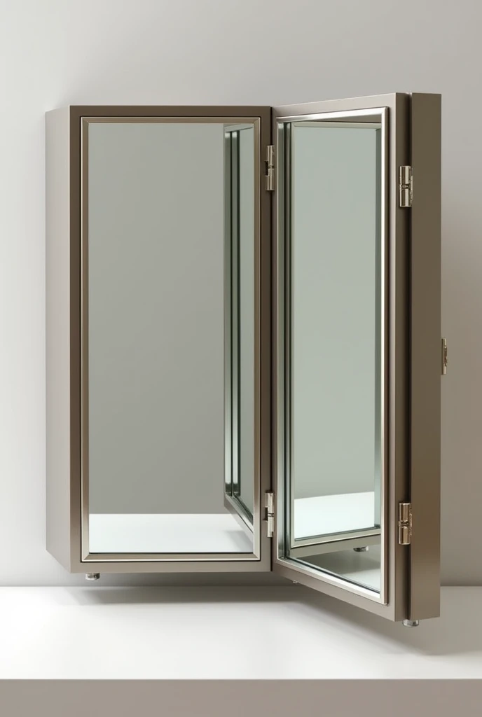 Create a table mirror that opens sideways as if it had two doors and when it opens it reveals two other mirrors