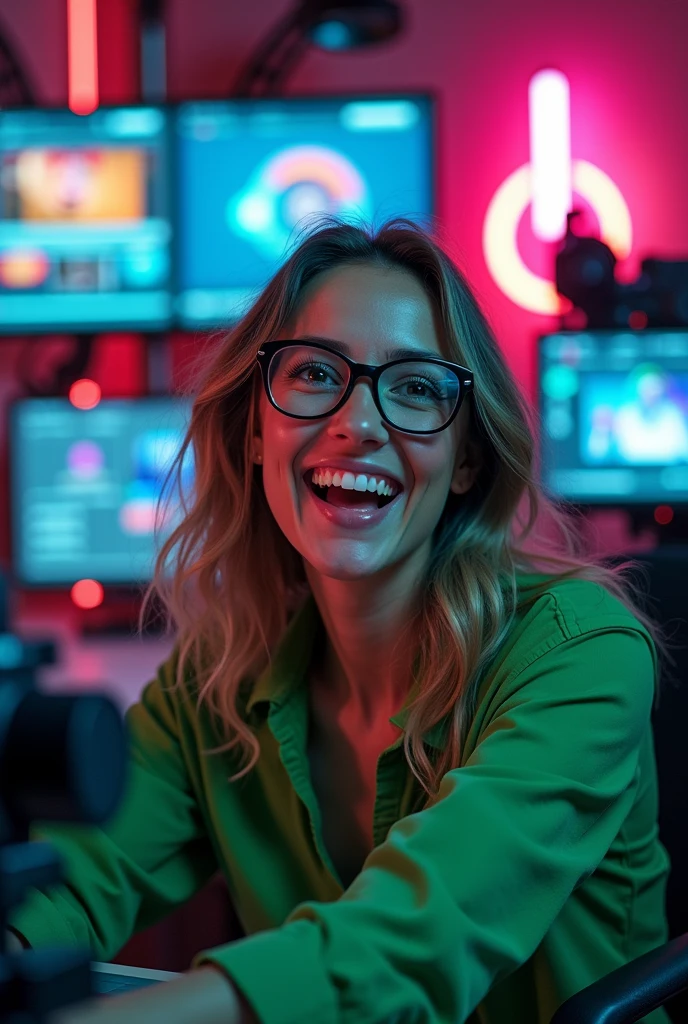 Close-up of a women with a green shirt and glasses,
beaming with excitement and exuberance, seated in his
YouTube studio, surrounded by high-tech equipment,
illuminated with neon lights, thumbnail design graphic,
futuristic colorful, Disney Style, ultra-realistic, cyberpunk