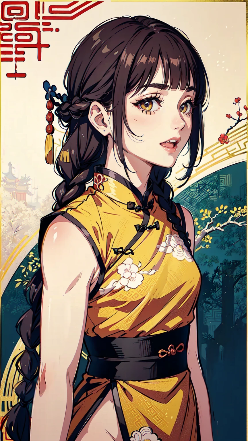 Realistic, masterpiece, Highest quality, Highest Resolution, Anatomically correct, Accurate ???????, 7 heads, Height: 165cm, One Japanese woman, profile, Staring at the audience, Smiling with an open mouth, Staring at the audience, Fine and beautiful eyes, Sparkling eyes, Thin eyebrows, Gives lashes a delicate finish, False eyelashes, (Chinese traditional makeup:1.2), (Dumpling＋Braided hair, Blunt bangs, Brown Hair:1.2), Detailed face, Sharp Eyes, (Traditional Chinese Dress, Clothes that fit snugly to the body, Random Color:1.3), Upper body photo, Background like ink painting
