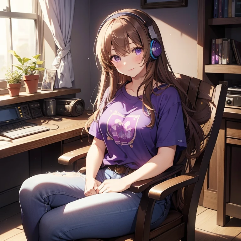 Masterpiece, best quality, high quality, 1girl, Solo, 2, has Brown long hair, wears purple headphones, has Purple eyes, wears Blue t-shirt with farmer jeans, has medium breasts, listen music, Smile, sitting in the chair, in the room, sunny day