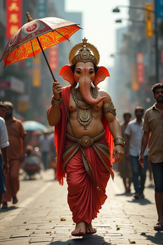 prompt:-"Imagine Ganesh Ji, the revered Hindu deity, strolling down a bustling road. He holds a colorful umbrella in his hand, which contrasts with his traditional attire and the lively urban backdrop. The scene blends the divine with the everyday, showcasing Ganesh Ji's serene presence amidst the modern world."