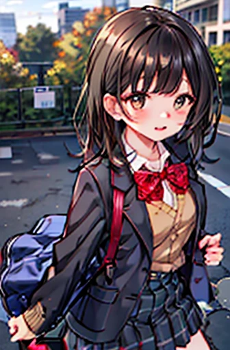 One Girl, solo, school uniform, Long sleeve, Black-haired,Pure,Big eyes,Skirt Grey, blush, (Absurd), (there is nothing), Looking at the audience, Walk in the park, (Ultra High Definition CG Integrated 8K Wallpaper,masterpiece, Best image quality, Ultra-detailed),Large Breasts