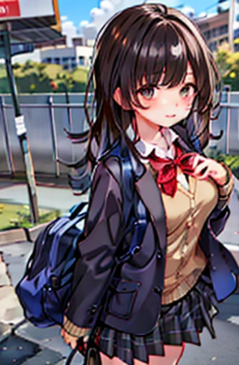 One Girl, solo, school uniform, Long sleeve, Black-haired,Pure,Big eyes,Skirt Grey, blush, (Absurd), (there is nothing), Looking at the audience, Walk in the park, (Ultra High Definition CG Integrated 8K Wallpaper,masterpiece, Best image quality, Ultra-detailed),Large Breasts