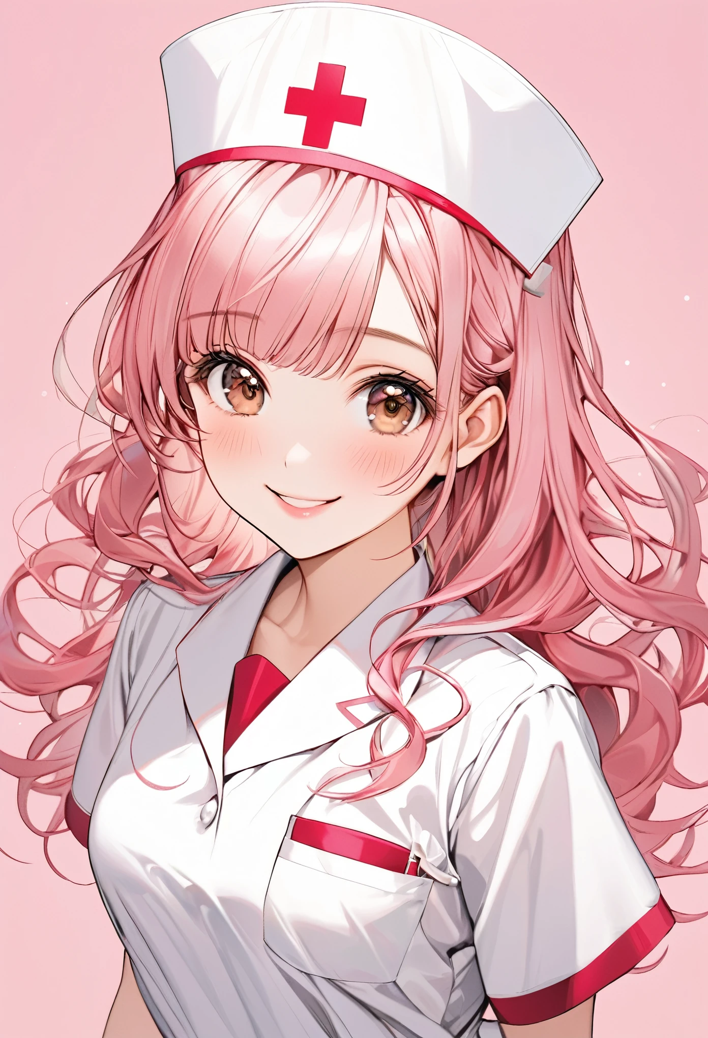 high resolution,smile,happy,light smile,woman,woman1人,adult,Clear,cute,
blunt bangs,Pink Hair,BREAK, Brown eyes,BREAK,wavy hair,long hair,BREAK, ((looking at viewer)),
Nurse uniform,Nurse cap,BREAK,Facing forward,BREAK,Pink background,
BREAK,