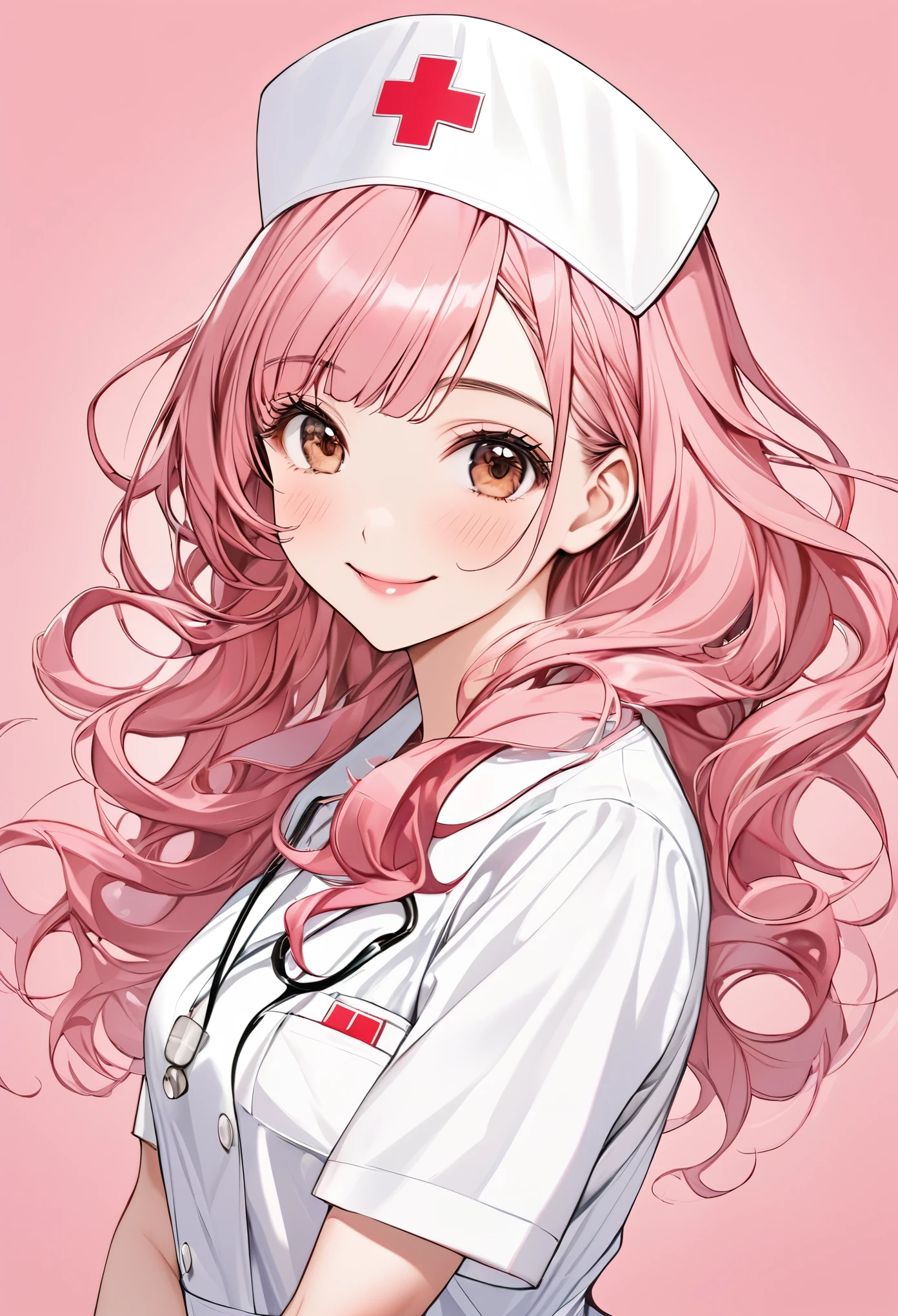 high resolution,smile,happy,light smile,woman,woman1人,adult,Clear,cute,
blunt bangs,Pink Hair,BREAK, Brown eyes,BREAK,wavy hair,long hair,BREAK, ((looking at viewer)),
Nurse uniform,Nurse cap,BREAK,Facing forward,BREAK,Pink background,
BREAK,