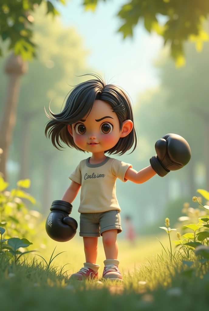 young girl, maiden, brunette with shoulder-length black hair, dark brown eyes, in a fighting position with black boxing gloves, determined, confident, pixar version animation character, stylized character, animation style rendering, 3d stylized, Arnold Maya rendering, stylized 3d rendering, toon render screenshot, 3d character , 3d character, stylized 3d rendering, 3d character rendering, cartoon character, close-up character, character pose, (Pixar style) (master part: 1.2) (bokeh) (best quality) (detailed skin) (detailed texture) (8k) (Argilla) (cinematic lighting) (sharp focus