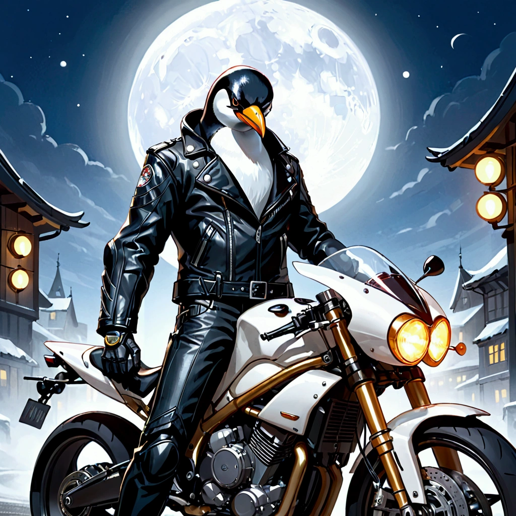 Closeup, an extremely badass anthropomorphic penguin wearing an insanely cool black leather biker jacket, black leather biker gloves, black leather pants, leaning on a superbike, fullmoon scene, High detailed body, award winning work
