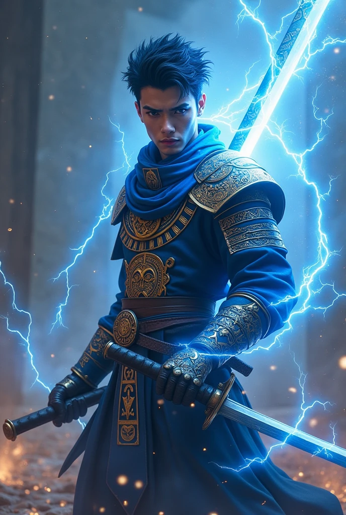 Swordman with one katana sword, armor like knight and style like egypt warrior without hood and have lightning power, with blue lightning aura eyes, and short black blue hair, and with a stand like samurai, gender a man