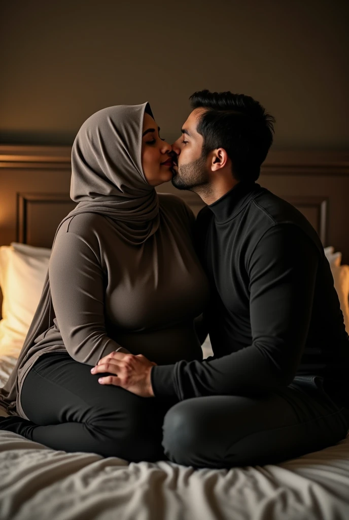 Photo of Voluptuous Indian Mature Lady in Hijab, Large Breasts Exposed, Sitting on Bed and Kissing a Man, Dim light in the room.