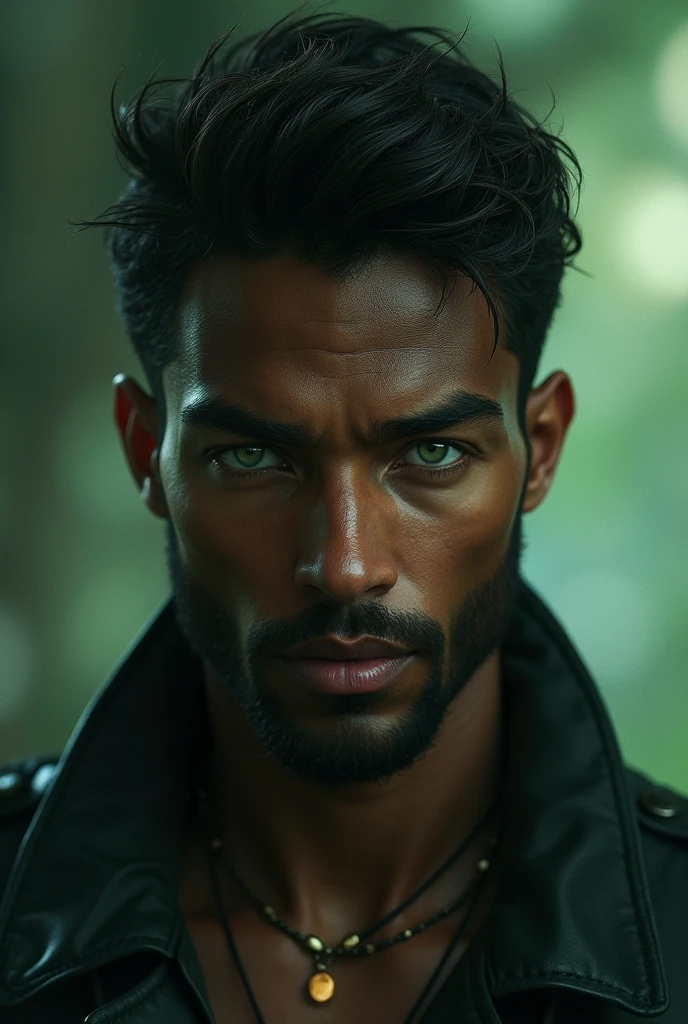Male character. Dark skin. Green eyes.