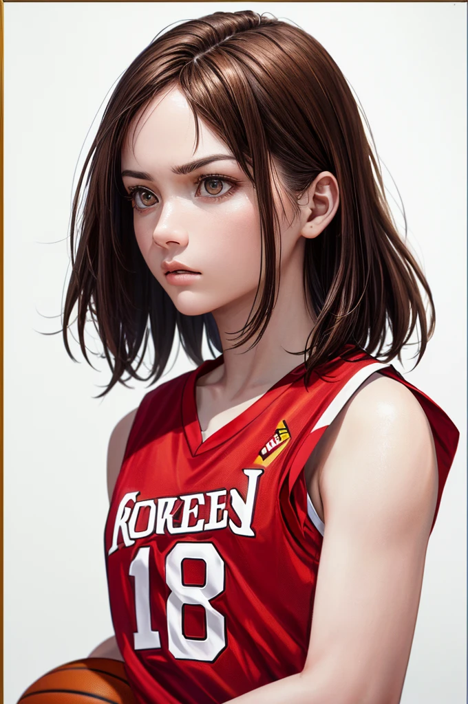 (((Frame In、Pure white wall background、Highest quality、8k、32K、masterpiece)))、(Realistic)、(Realistic:1.2)、(High resolution)、Very detailed、Very beautiful face and eyes、1 person、Round and small face、Tight waist、Delicate body、(close、Highest quality、Attention to detail、Rich skin detail)、(Highest quality、8k、Oil paints:1.2)、Very detailed、(Realistic、Realistic:1.37)、Bright colors、(((Brown Hair)))、(((Brown Hair)))、(((Cowboy Shot)))、(((Bob Hair)))、(((Pure white wall background)))、(((Wearing a basketball uniform)))、(((red basketball outfit)))、(((Serious face)))、(((1 female)))、(((Tank top style uniform)))、