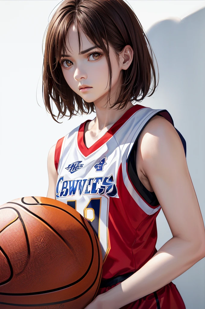 (((Frame In、Pure white wall background、Highest quality、8k、32K、masterpiece)))、(Realistic)、(Realistic:1.2)、(High resolution)、Very detailed、Very beautiful face and eyes、1 person、Round and small face、Tight waist、Delicate body、(close、Highest quality、Attention to detail、Rich skin detail)、(Highest quality、8k、Oil paints:1.2)、Very detailed、(Realistic、Realistic:1.37)、Bright colors、(((Brown Hair)))、(((Brown Hair)))、(((Cowboy Shot)))、(((Bob Hair)))、(((Pure white wall background)))、(((Wearing a basketball uniform)))、(((red basketball outfit)))、(((Serious face)))、(((1 female)))、(((Tank top style uniform)))、