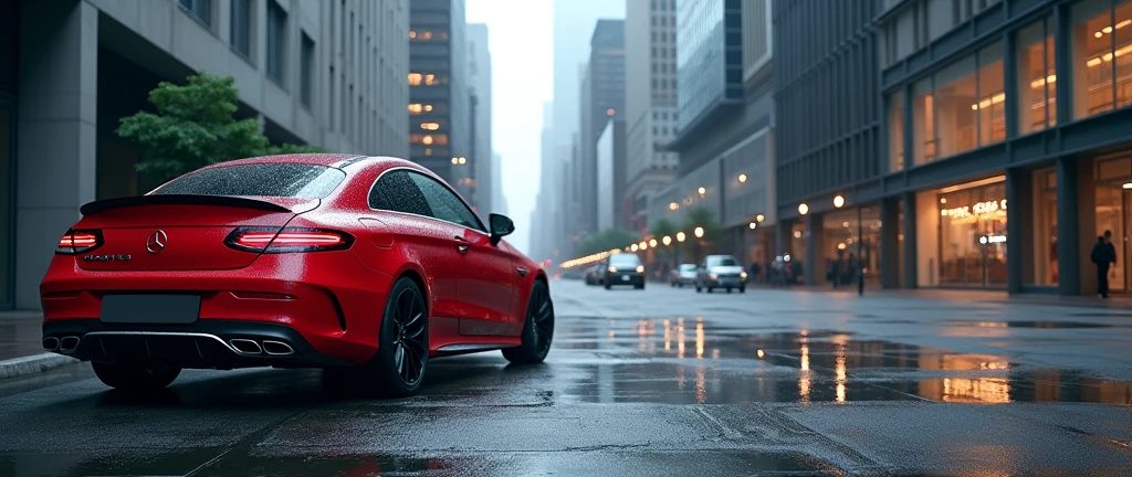 a large-format professional photo where a red Mercedes E63 AMG car stands in one corner and there is nothing in the other , wet asphalt, a square in the city