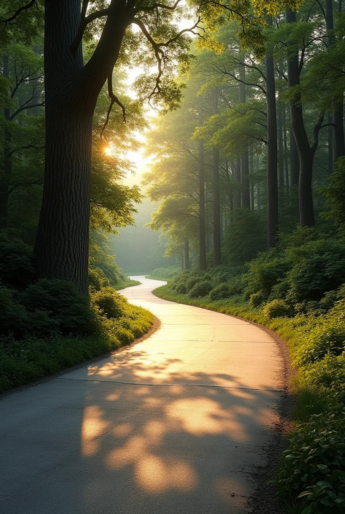 An empty concrete road at time of 6 O clock in a forest
