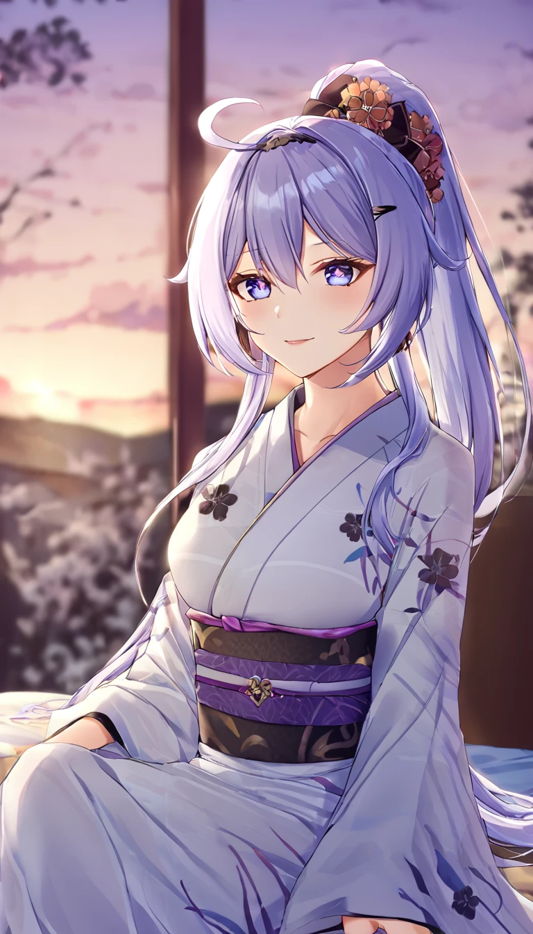 1girl, solo, looking at view, kiana kaslana \(honkai impact 3rd\), herrscher of finality, white hair, ahoge, ponytail, very long hair, blue eyes, skiny skin, medium breast, romantic atmosphere, bedroom background, blurry background, night time, (flowing white kimono:1.6), (black floral obi:1.5), (delicate hair accessory:1.4), (ribbon details:1.4), (elegant outfit:1.5), (fantasy-inspired attire:1.4), upper body, sit on bed, Holding a medium white board with both hands, he shows it to the viewer,