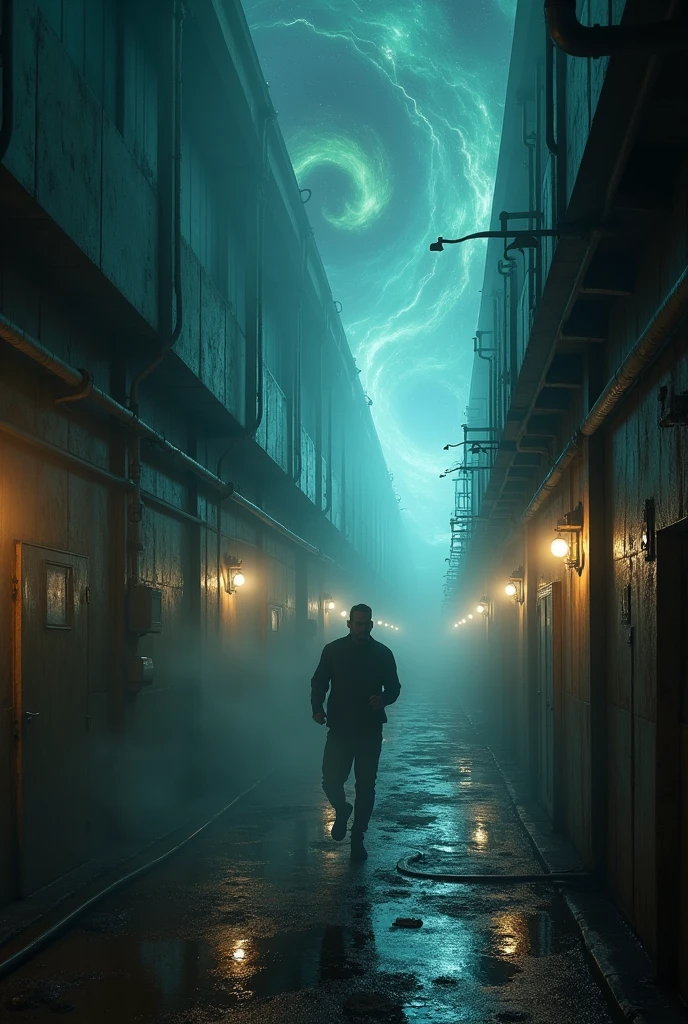 Cosmic horror, space nebula, dark corners, monsters in corners, glow of mystic light,) running scared long corridors, the ship is abandoned, phot real, master piece.