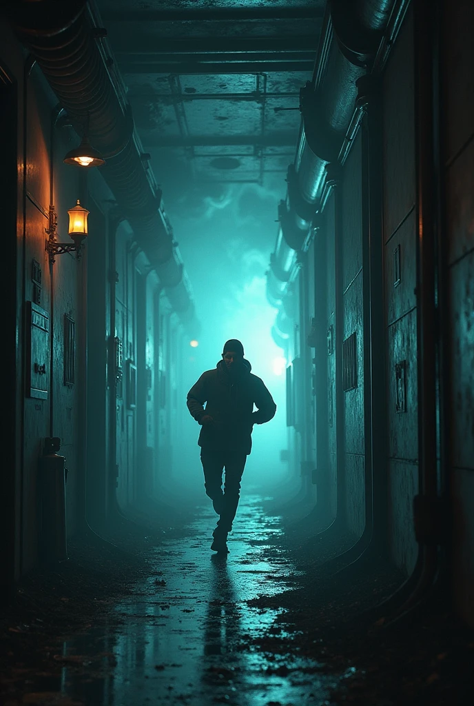 Cosmic horror, space nebula, dark corners, monsters in corners, glow of mystic light,) running scared long corridors, the ship is abandoned, phot real, master piece.