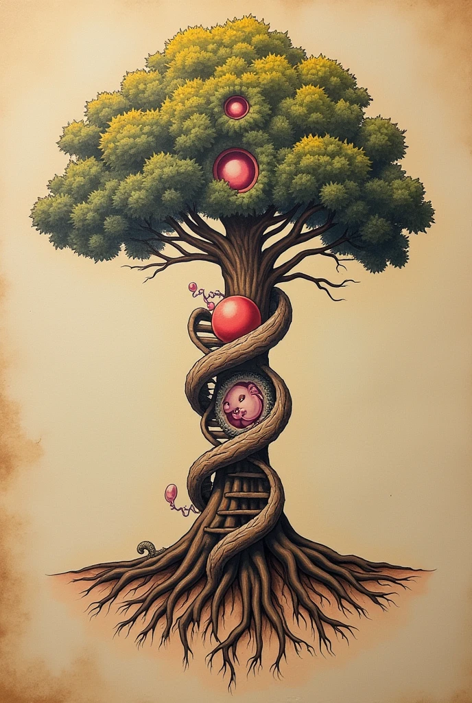 Detailed Tattoo Design Description:
- Roots: The roots of the tree should be represented as a double helix of DNA. At the ends of these roots, each tip should have the shape of sperm cells, symbolizing the sperm's journey to fertilization.
- Trunk:
- At the base of the trunk, there should be an egg in metaphase 2.
- Just above it, depict the fertilized egg.
- Further up the trunk, represent embryonic cleavage on Day 2, showing 4 cells.
- Above that, depict cleavage on Day 3 with 8 cells.
- Further up, represent a Morula.
- At the top of the trunk, there should be a Blastocyst.
- Foliage: The leaves of the tree should represent a placenta, with a developing baby inside, symbolizing the growth of life.
- Overall Style: The tattoo should have a biological and naturalistic style, with details that show the process of life development from conception to the fetal stage, all integrated into the tree’s structure.