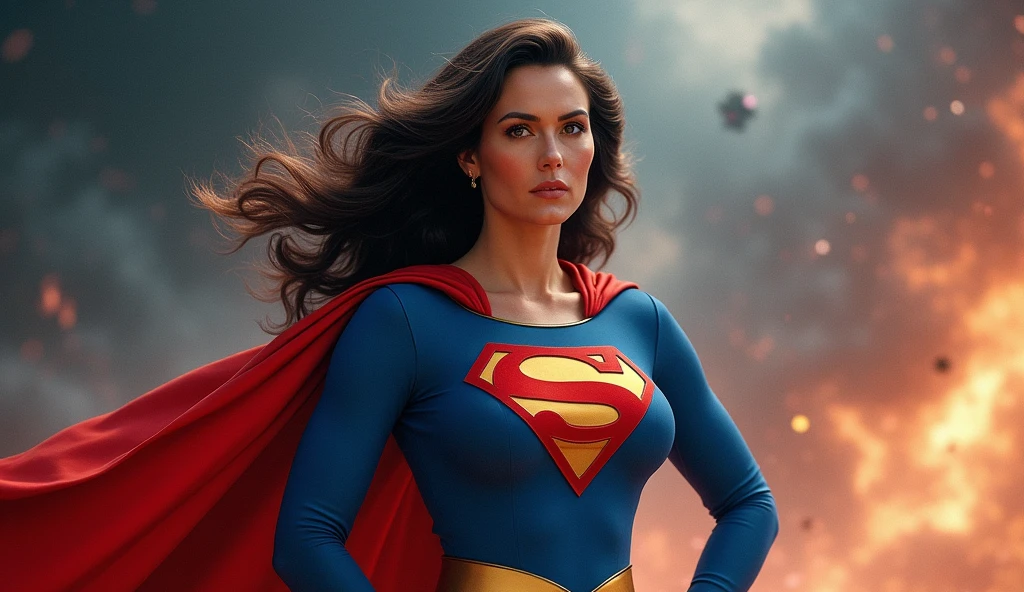 (((very beautiful old Supergirl (((1980s costume))) Julie Hagerty(((dark-haired, large-breasted woman in her 50s)))) Super woman Julie Hagerty