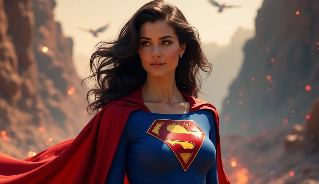 (((very beautiful old Supergirl (((1980s costume))) Julie Hagerty(((dark-haired, large-breasted woman in her 50s)))) Super woman Julie Hagerty