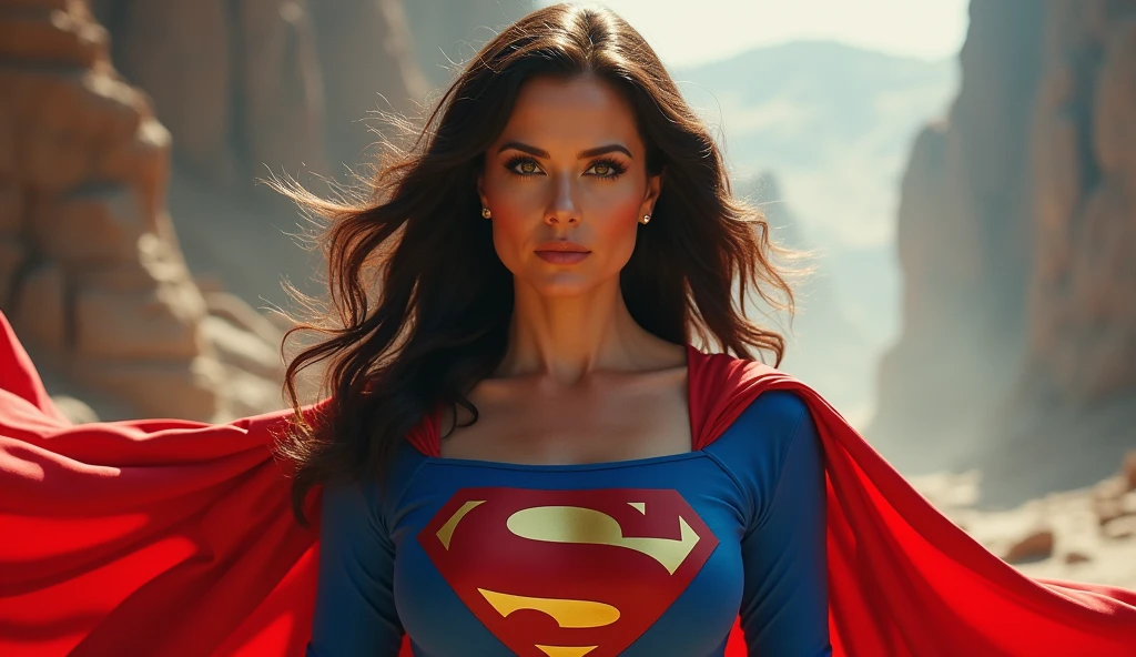 (((very beautiful old Supergirl (((1980s costume))) Julie Hagerty(((dark-haired, large-breasted woman in her 50s)))) Super woman Julie Hagerty
