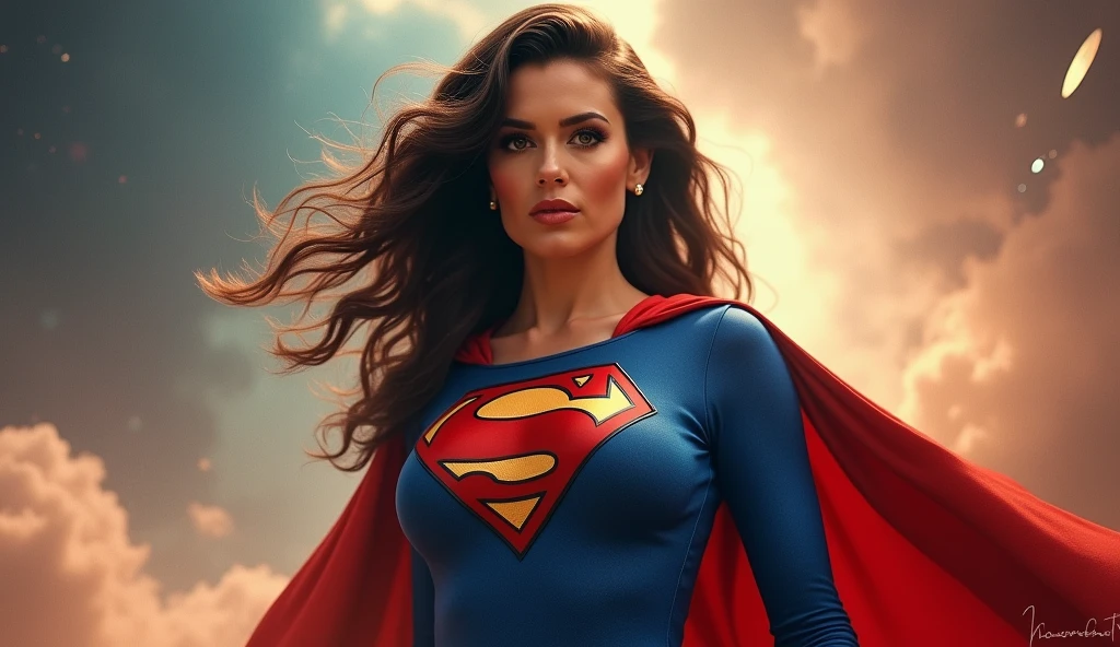 (((very beautiful old Supergirl (((1980s costume))) Julie Hagerty(((dark-haired, large-breasted woman in her 50s)))) Super woman Julie Hagerty