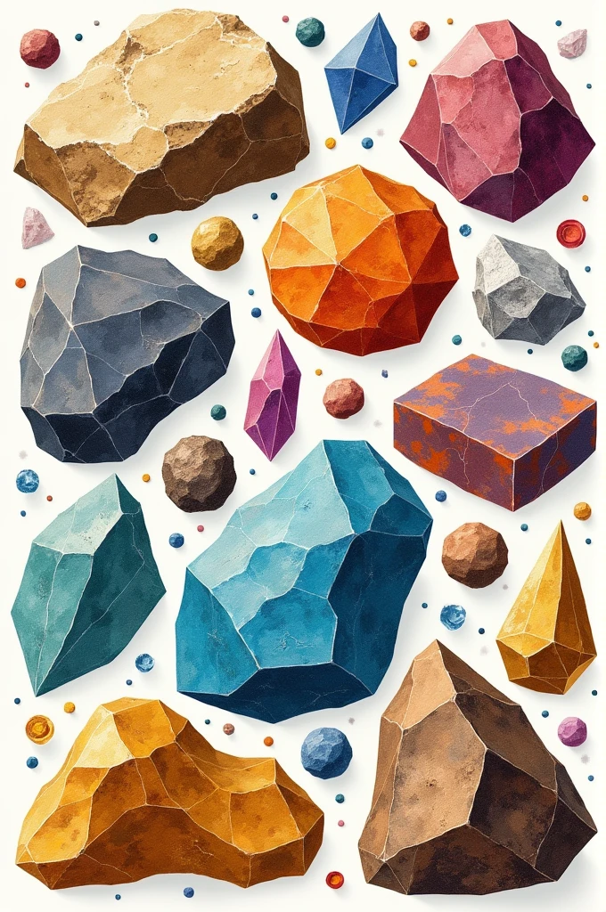 draw a collage of key minerals like iron, copper, silicon,gold, and lithium 