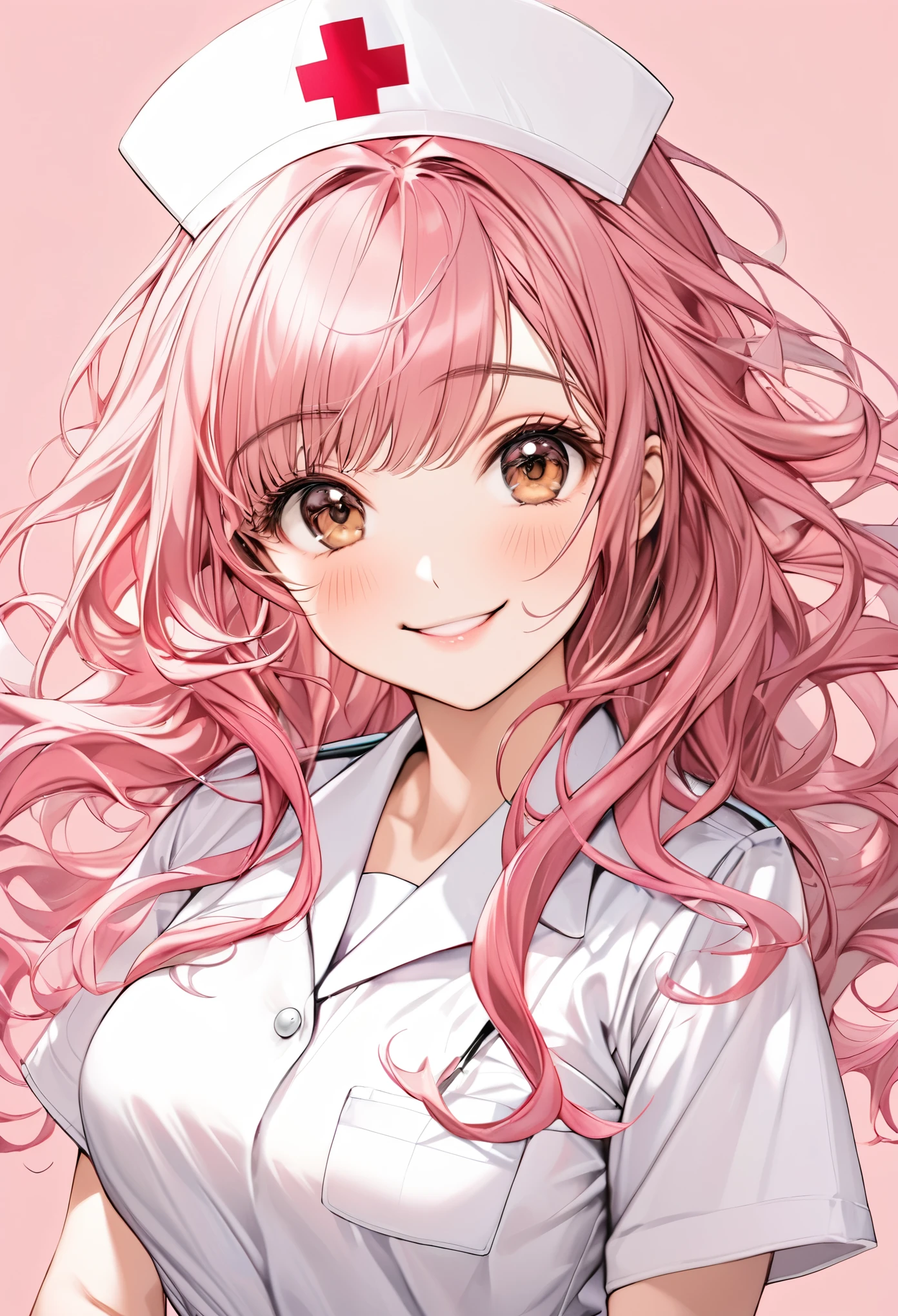 high resolution,smile,happy,light smile,woman,woman1人,adult,Clear,cute,
blunt bangs,Pink Hair,BREAK, Brown eyes,BREAK,wavy hair,long hair,BREAK, ((looking at viewer)),
Nurse uniform,Nurse cap,BREAK,Facing forward,BREAK,Pink background,
BREAK,