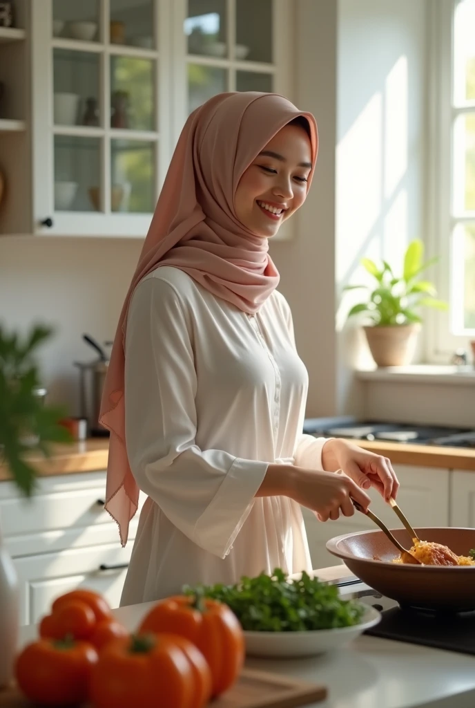 beautiful asian girl,hijab,(Best quality, 8k, 32k, perfect body, ultra detailed body)cooking, smilling,kitchen background