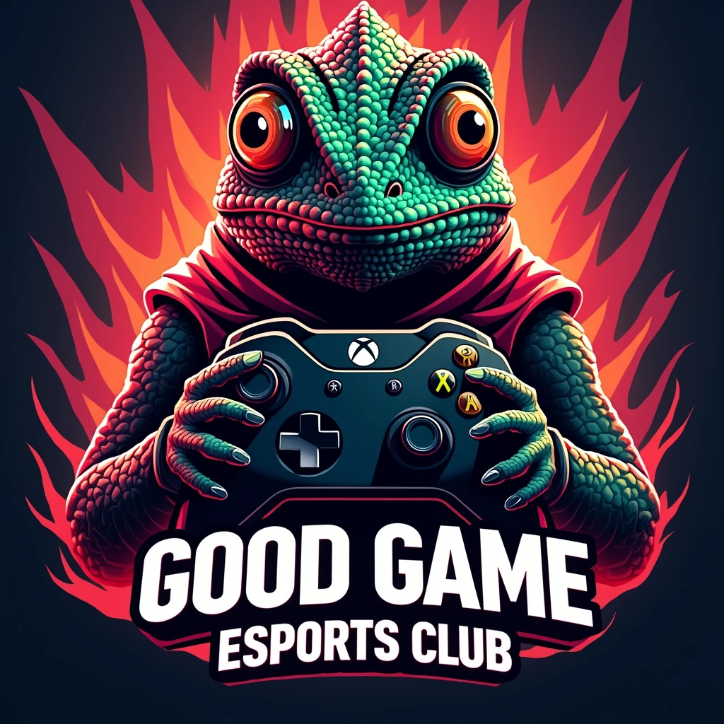 An advert for the GOOD GAME ESPORTS CLUB featuring a chameleon holding an xbox controller. the colours should be black red and green the background should be vibrant and dynamic and text should include "GOOD GAME ESPORTS CLUB" "Ages 10+" "£70" "Limited availablity" "Learn the fundamentals of competitive gaming in just 7-weeks" 
