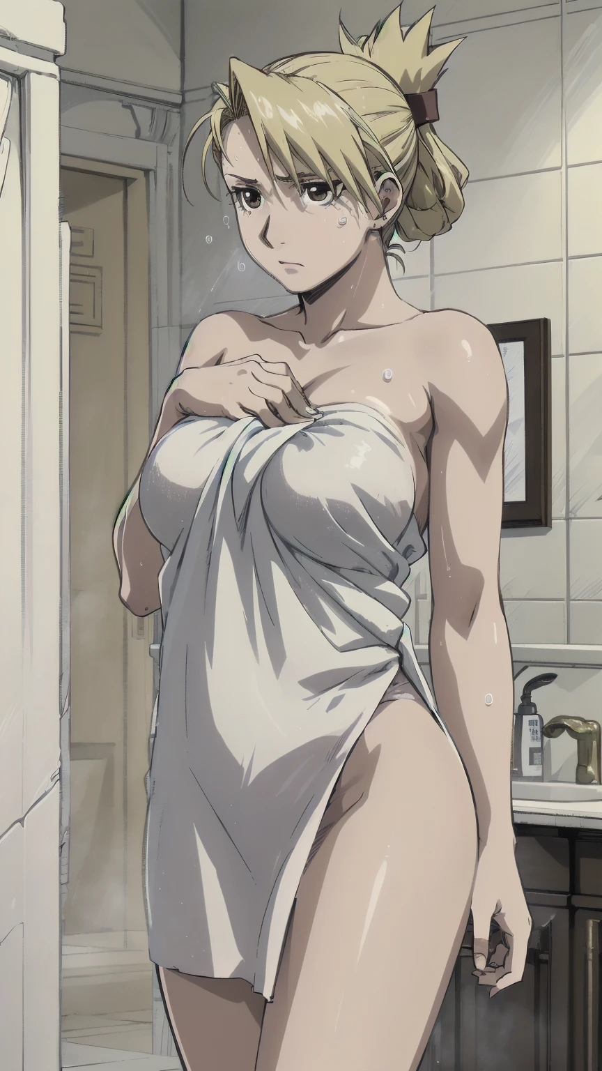 masterpiece, highest quality, High resolution, 1 girl, Hamriz, ponytail、brown eyes,inside the room、muscular body、blush、Composition from the front、アニメ、(((Big Boobs、Completely naked、Wrap a bath towel naked、Sweat)))