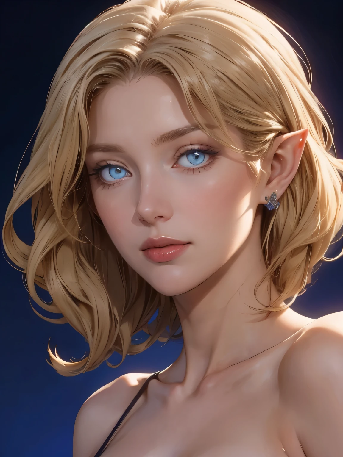 beautiful blond elven woman in her 30s, with blue eyes and striking features, exuding maturity and allure in a seductive pose.(dark-blue background), pointy ears, glowing eyes, beauty, blond medium hair, an14