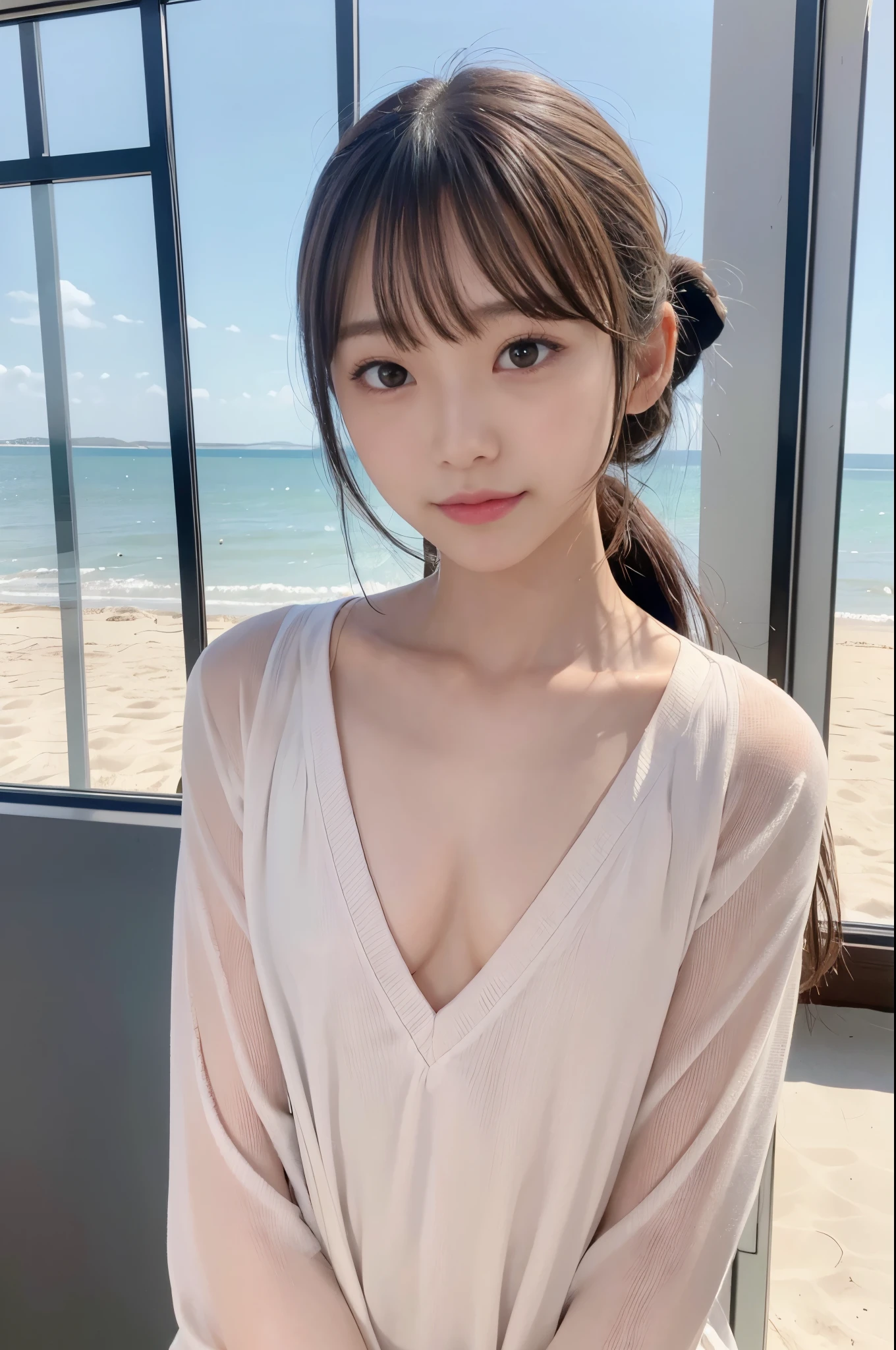 (In 8K、Live Shooting、Highest quality、masterpiece)、(Real、Photorealistic)、1、Japanese、woman、2、(Highly detailed face and skin texture)、Detail lips、(Detailed eyes)、((More Skin:1.7))、(Small breasts:1.7)、(Thin arms)、(Thin legs)、Shiny skin、((Dark Brown Hair))、(Natural light)、(ponytail、bangsは長め)、(bangs)、(At the beach)、A sloppy smile、Shine light from the whole body、