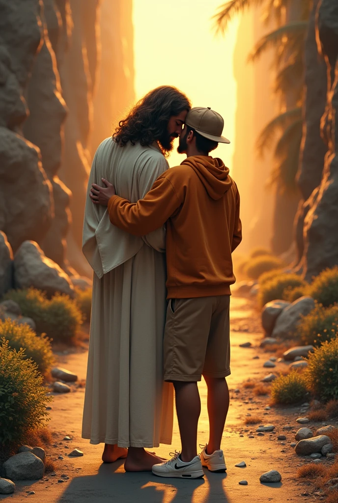 You could create Jesus Christ from behind hugging a curly-haired man shoulder to shoulder, with a brown sand colored cap, an orange jacket with a hood , a brown oversized Bermuda shorts and white Nike for Wan shoes. The two of them looking at a narrow path., with many obstacles and in the end there is a beautiful bright Light