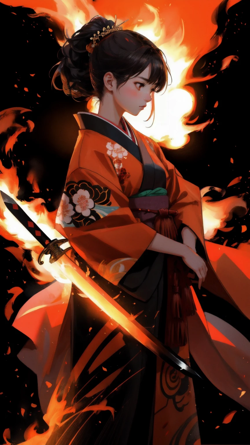 A beautiful, fierce girl warrior standing in a traditional Japanese environment, surrounded by flames, wearing a kimono similar to a samurai's outfit, holding a sword with both hands. Her expression is serious and determined. The entire scene is engulfed in flames, with glowing embers floating around her. The background should be brown and include elements like a traditional Japanese building in the distance. The keyword 'Mt. Gox Survivors' should be incorporated subtly into the scene