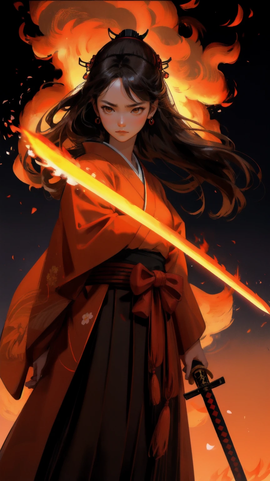 A beautiful, fierce girl warrior standing in a traditional Japanese environment, surrounded by flames, wearing a kimono similar to a samurai's outfit, holding a sword with both hands. Her expression is serious and determined. The entire scene is engulfed in flames, with glowing embers floating around her. The background should be brown and include elements like a traditional Japanese building in the distance. The keyword 'Mt. Gox Survivors' should be incorporated subtly into the scene