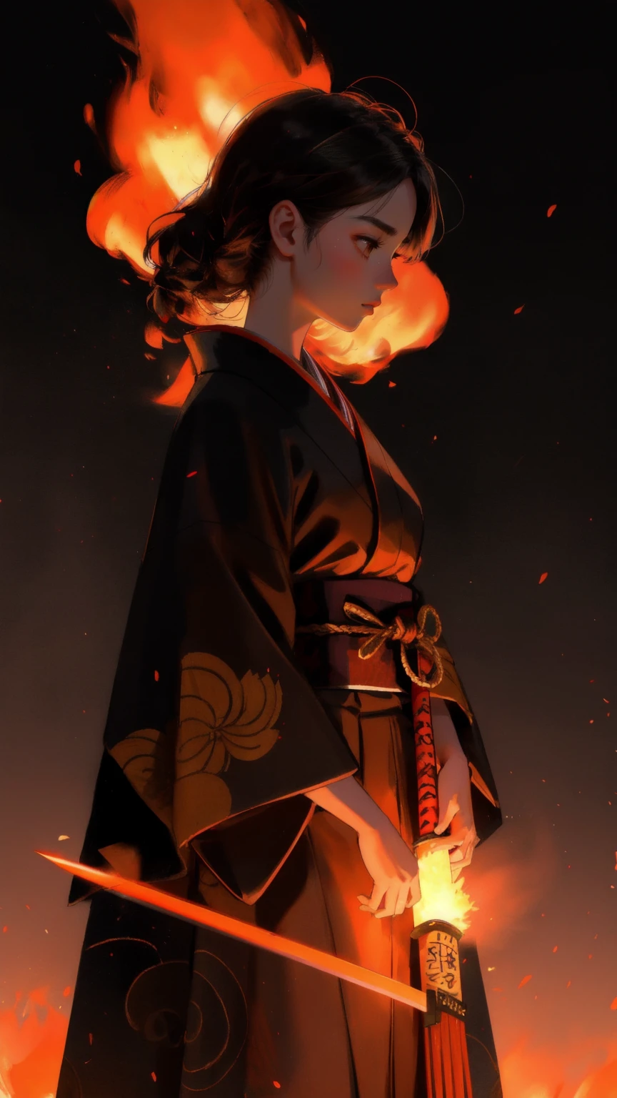 A beautiful, fierce girl warrior standing in a traditional Japanese environment, surrounded by flames, wearing a kimono similar to a samurai's outfit, holding a sword with both hands. Her expression is serious and determined. The entire scene is engulfed in flames, with glowing embers floating around her. The background should be brown and include elements like a traditional Japanese building in the distance. The keyword 'Mt. Gox Survivors' should be incorporated subtly into the scene