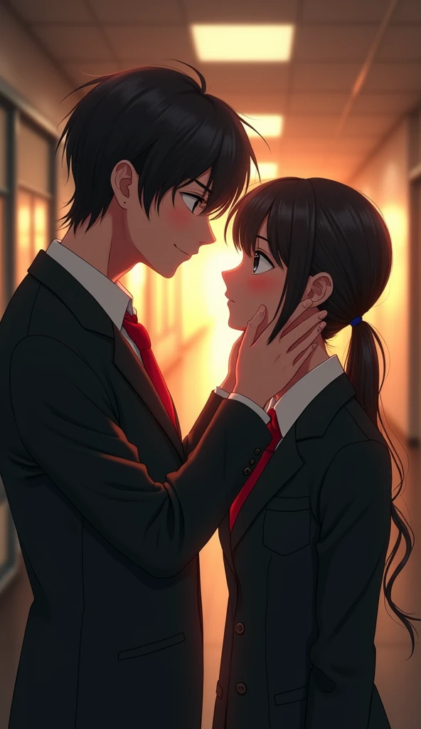 (32K:1.9, Realistic:1.9, Highest quality, masterpiece, Ultra-high resolution), Perfect dynamic composition, Highly detailed skin and facial textures:1.3, Detailed eyes, Detailed limbs, (Cute sexy slim Japanese schoolgirl, Tall、A slim Japanese high school boy), Fair skin, ((Clarity:1.1)), (Both boys and girls are wearing blazers with red ties..:1.3),  (A high school boy is grabbing a high school girl&#39;s chin:1.0), (Cunning Smile:0.9, Totally captivates you:0.9), (beautiful Blue Eyes, beautiful, Clear Eyes:0.8), Sexy Face:0.4, blush:1.1, (beautifulエロティシズムを醸し出す雰囲気:0.8), Woman&#39;s hair in a ponytail, Professional random camera work, Cinematic Lighting Effects, ((Full Body Shot)), ((Too erotic:0.9)) , romantic, mysterious, Object of admiration, original, dramatic, artistic, Innovative, charm, Heartful, Fancy, Tilt, sense of loss, special, exciting, Extreme, sense of openness, joy, joyの表現, ((若さのcharm, 女性的なcharm))
