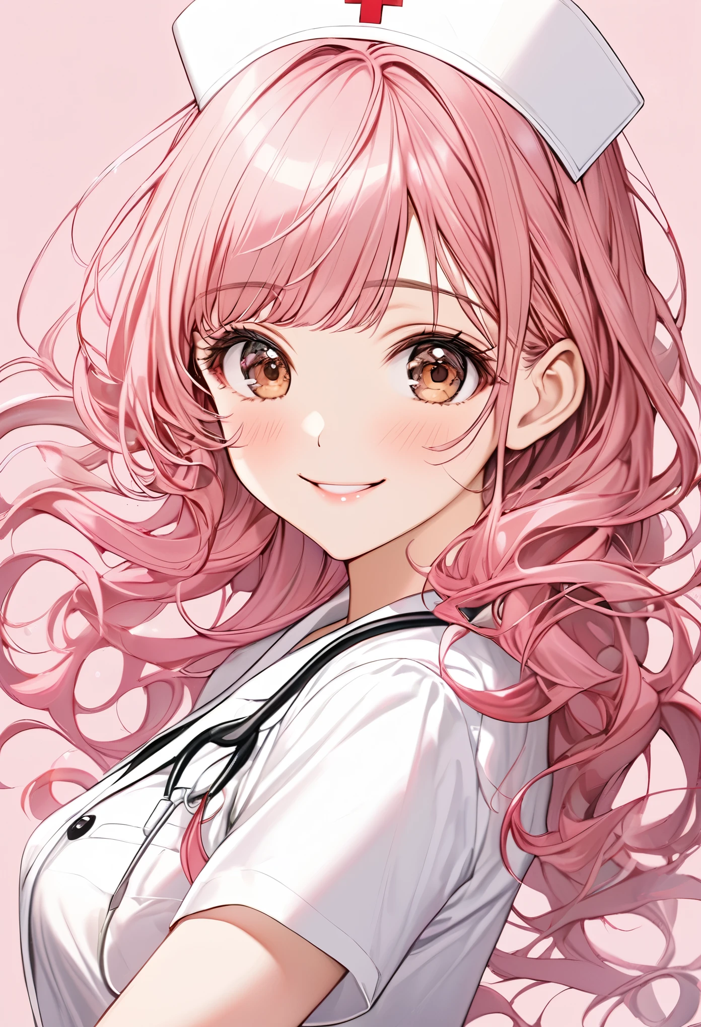 high resolution,smile,happy,light smile,woman,woman1人,adult,Clear,cute,
blunt bangs,Pink Hair,BREAK, Brown eyes,BREAK,wavy hair,long hair,BREAK, ((looking at viewer)),
Nurse uniform,Nurse cap,BREAK,Facing forward,BREAK,Pink background,
BREAK,