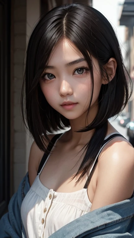 a girl who has short, beautiful shoulder-length hair and eyes that have the impression of a sharp gaze and has a cheeky and indifferent facial gesture