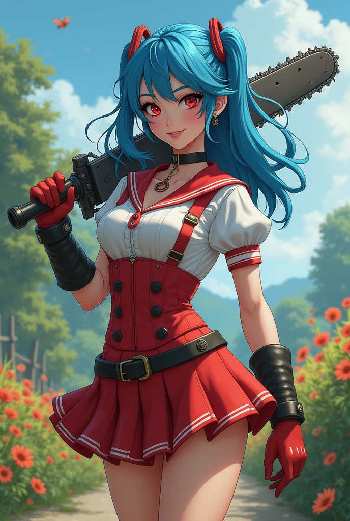 Beautiful blue haired woman girl holding a chainsaw in her hands, chainsaw with large teeth, full cup wearing over duct showing red and white schoolgirl outfit soldier boot glove big smile voluminous breasts simple neckline slender body countryside landscape with flowers high resolution 4k showing boots