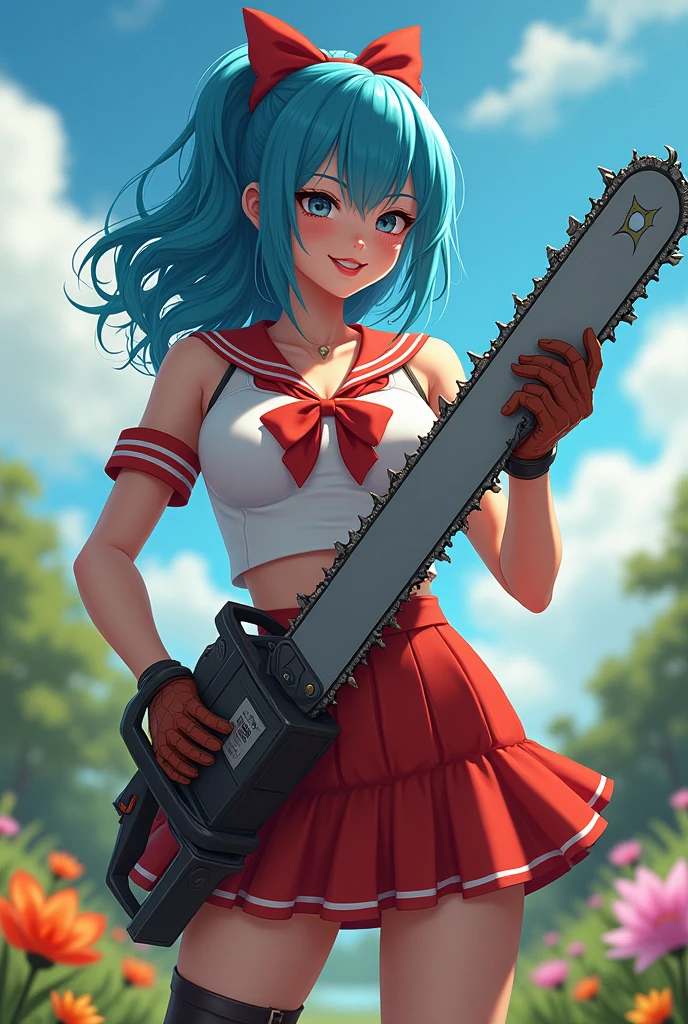 Beautiful blue haired woman girl holding a chainsaw in her hands, chainsaw with large teeth, full cup wearing over duct showing red and white schoolgirl outfit soldier boot glove big smile voluminous breasts simple neckline slender body countryside landscape with flowers high resolution 4k showing boots