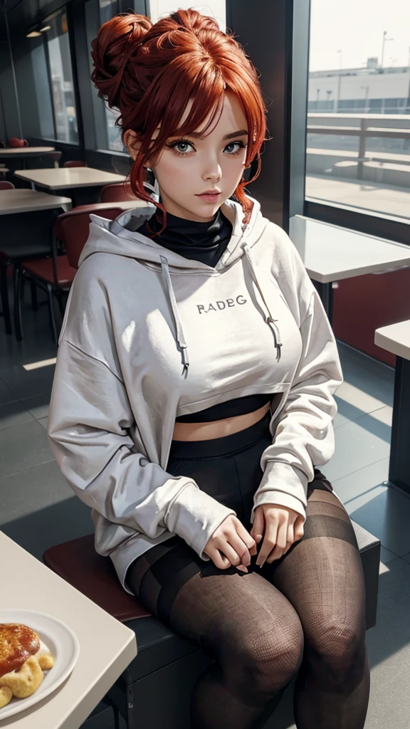 1 girl, Red hair, updo hairstyle, strands of hair on the face, Eyes red, mascara, large hooded sweatshirt, tummy, hot pants, pantyhose, laced pantyhose, bags under the eyes, sitting down, cafeteria, shot at ground level, spectator looking up, feet in pantyhose, saggy breasts, chocker, Raw photo, 8k, Masterpiece artwork,