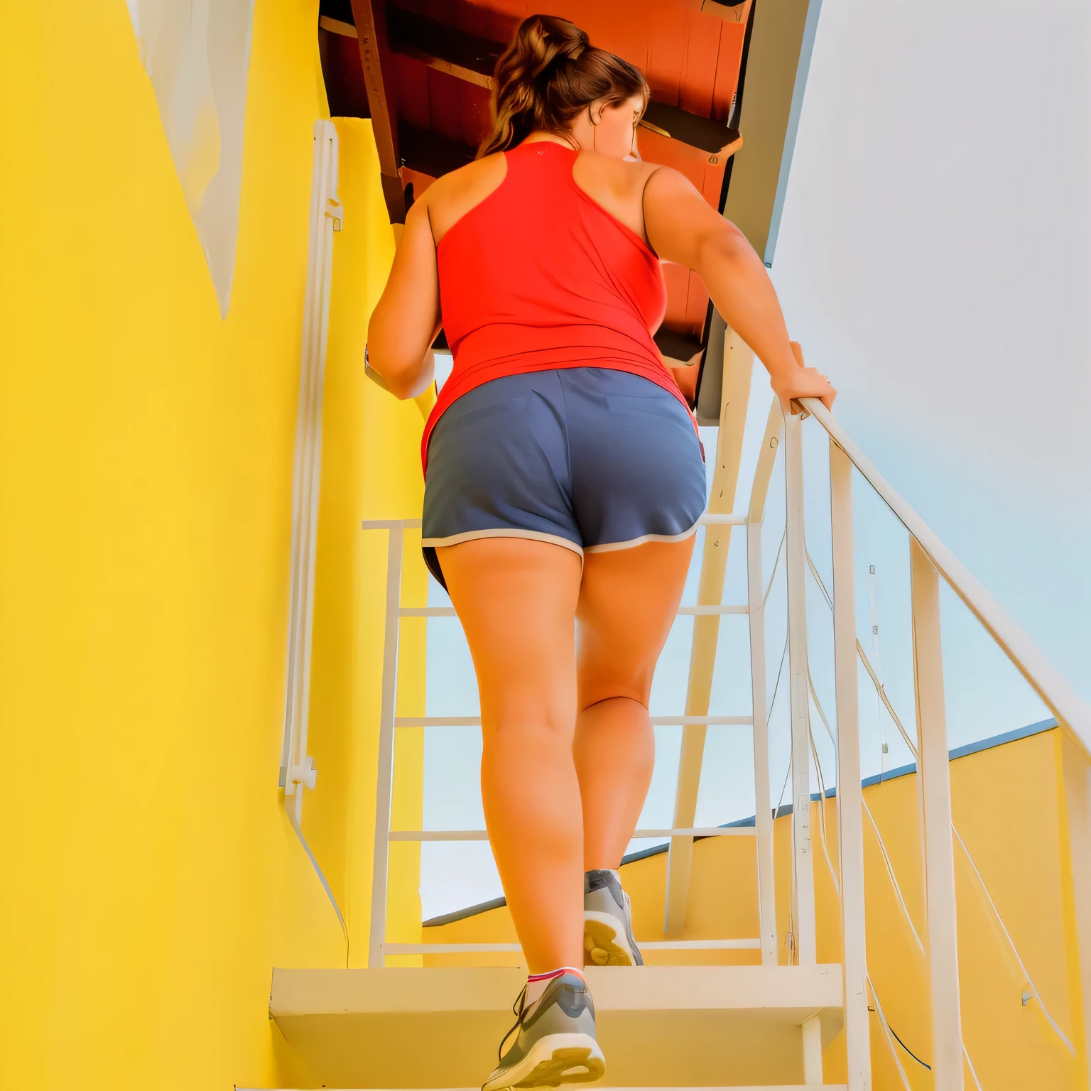 araffe woman walking up a flight of stairs in a red tank top, coming down the stairs, side view of her taking steps, wearing red shorts, short in stature, short robust woman, girl is running, standing on a ladder, the photo shows a large, side shot, fitness, working out, fit woman, shot on nikon d 3 2 0 0